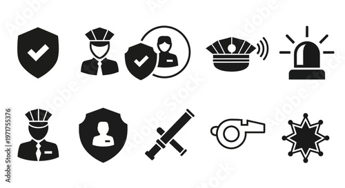 Dynamic Set of Police, Security, and Law Enforcement Vector Icons for Public Safety Concepts and Protection
