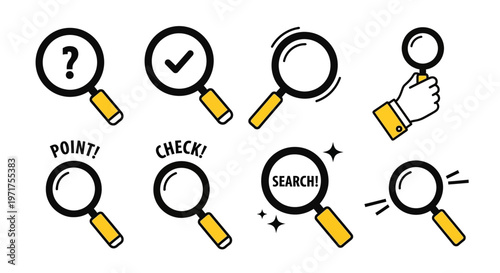 Collection of Magnifying Glass Icons Representing Search, Analysis, and Inquiry Concepts in a Minimalist Style