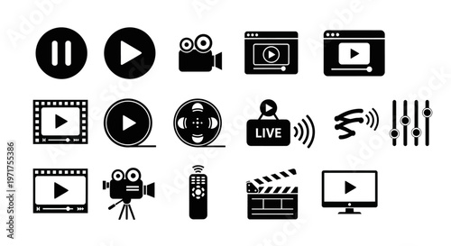 Collection of video production and media playback icons, including play, pause, film reel, camera, and sound controls