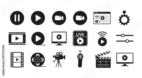 Collection of media and entertainment icons for digital content creation and broadcasting services