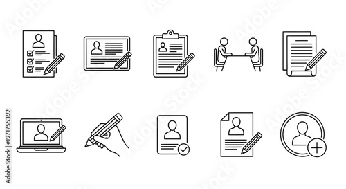 Modern outline icons for professional resume building, job applications, and interview preparation process