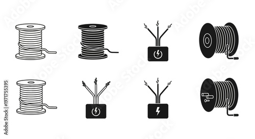 Set of electrical wire spools and cable reels with power icons on a white background