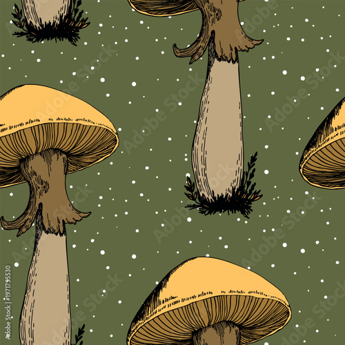 Seamless pattern with mushrooms. Hand drawn vector illustration. Vegan food menu. Poisonous and edible mushroom. Autumn mushroom picking, forest plant sketches.
