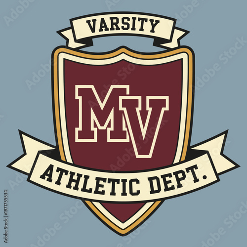 Classic varsity athletic department emblem design featuring a traditional shield with bold initials, perfect for school sports branding and team apparel projects