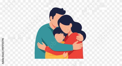 Family hugging with love and affection on a transparent background.
