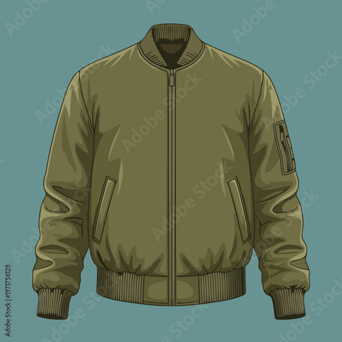 Olive Green Bomber Jacket Front View Product Illustration
