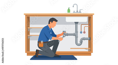 Professional Plumber Fixing a Kitchen Sink Pipe with a Wrench, Flat Vector Illustration of Plumbing Maintenance and Repair Services