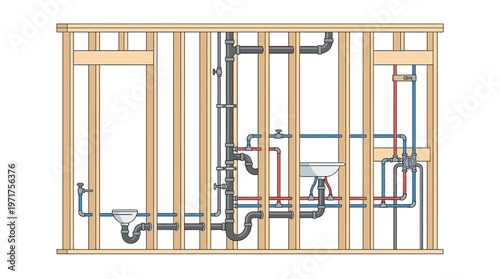 Residential Plumbing System Diagram in Wood Wall Framing with PEX Water Lines and Drain Pipes
