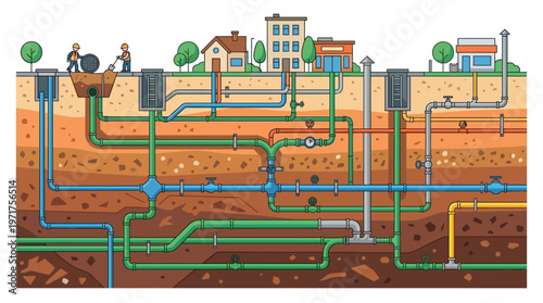 Underground Infrastructure Diagram of City Utilities with Pipes, Sewerage, and Maintenance Workers in Cross-Section Flat Vector Illustration