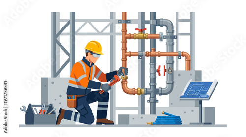 Professional Plumber Technician Repairing Industrial Water Pipe System with Wrench. Flat Vector Illustration of a Worker in Safety Gear at a Construction Site.