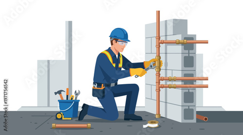 Professional Plumber Installing Copper Pipes on a Construction Site Vector Illustration