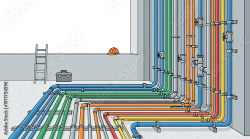Colorful Industrial Pipeline System Illustration with Plumbing and Utility Infrastructure on Construction Site Background