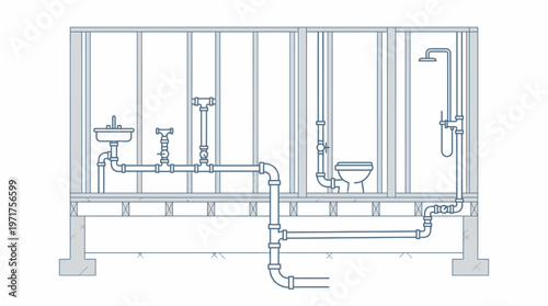 House Plumbing System Diagram with Pipe Network and Fixtures for Construction and Renovation Projects