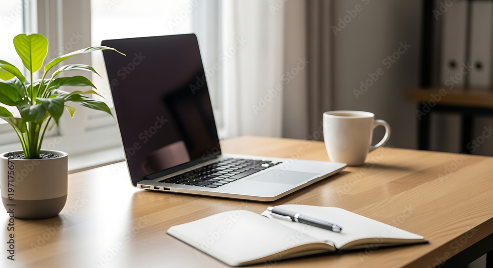 Fototapeta premium Minimal Desk Setup with Laptop, Coffee, and Notebook