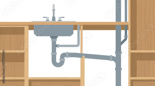 Vector Illustration of Under Sink Plumbing System with P-Trap and Drainage Pipes in Kitchen Cabinet
