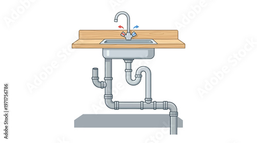 Kitchen Sink Plumbing System Diagram Vector Illustration
