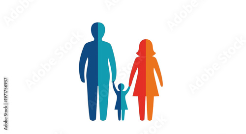 Stylized family silhouette with parents and child in blue and orange.