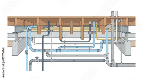 Technical Illustration of House Plumbing System Under Floor Showing Pipes, Joists, and Drainage Infrastructure in a Cross-Section View