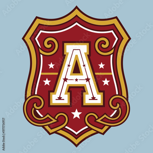 Classic ornate shield emblem featuring a decorative uppercase letter A adorned with stars, exuding a vintage and prestigious design aesthetic