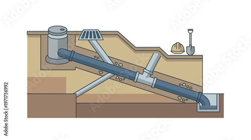 Underground Sewer and Drainage System Diagram with Pipes, Grate, and Manhole Infrastructure Vector Illustration