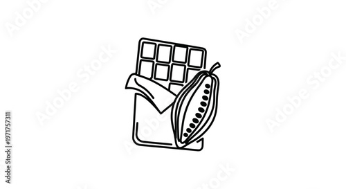 Chocolate bar and cocoa pod, hand-drawn line art icon