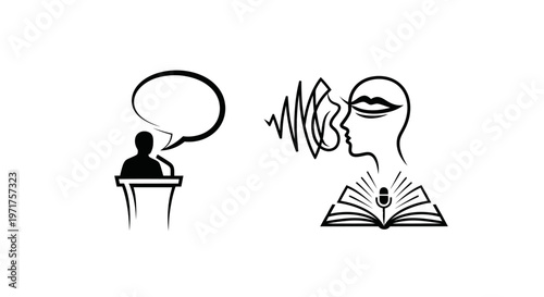 Public Speaking and Learning Icon: Speaker, Speech Bubble, Open Book, Sound Waves