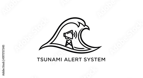 Tsunami Alert System Icon: Megaphone on Tower Inside Wave Outline