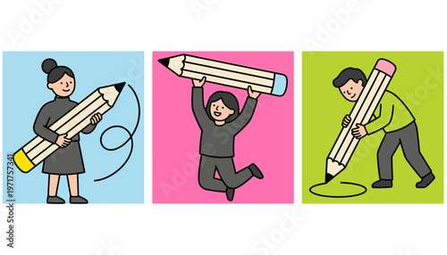Three simple cartoon figures holding and using large pencils to draw or write in brightly colored panels representing creativity and artistry drawing writing illustration