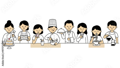 A group of diverse people in culinary attire and uniforms engaging in various food and drink preparations and consumption activities A baker decorates a cake servers carry