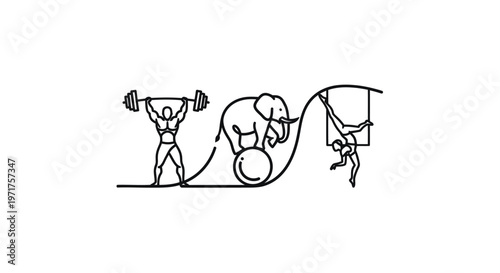 Circus Act Line Art: Weightlifter, Elephant on Ball, Acrobat