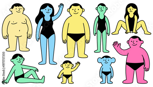 A diverse collection of simplified cartoon people in various poses and body types wearing black briefs or swimsuits depicted in flat graphic style with solid colors diversity