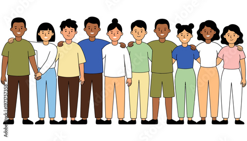 Diverse group of smiling people of varying ethnicities genders and ages stand together arms around each other in a show of unity and friendship diversity community humans