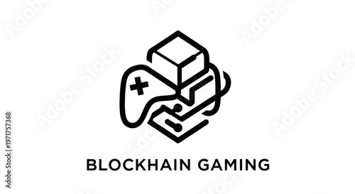Blockchain Gaming Concept: Isometric Cube, Controller, Circuitry, Text