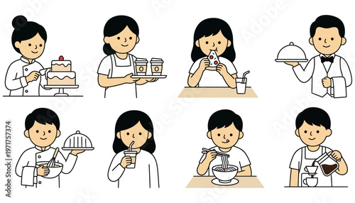 Diverse group of people engaged in various food and drink related activities illustrating culinary professions and dining experiences in a charming simplistic style restaurant