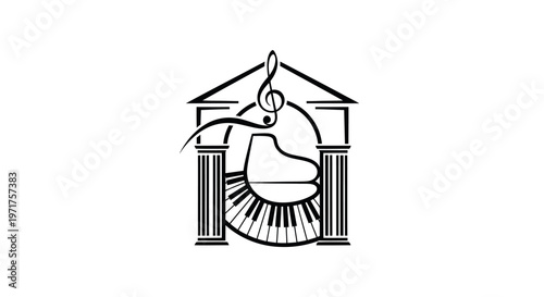 Music School Logo: Piano Keys, Treble Clef, and Classical Architecture