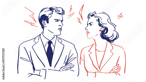 Offended Spouses Conflict: Husband and Wife Dispute Vector Illustration