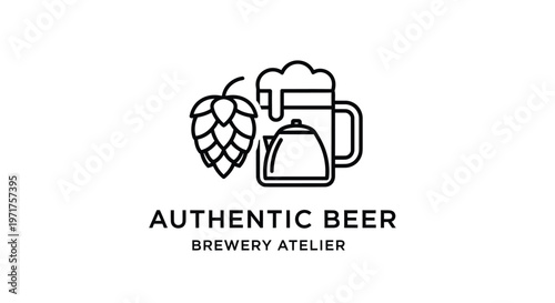 Authentic Beer Brewery Atelier Logo Icon: Hops, Mug, Kettle Line Art