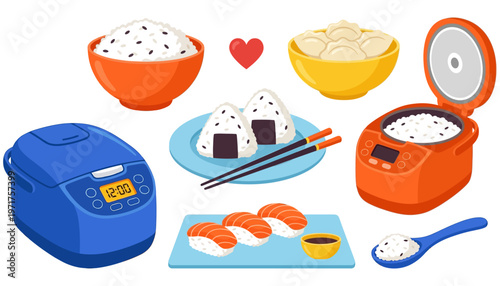Collection of stylized Japanese food items including sushi rice balls and rice cookers in vibrant colors presented as a flat illustration onigiri asian cuisine food illustration
