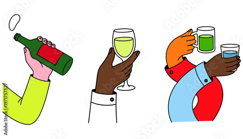 Three diverse hands holding different drinks a green bottle a glass of white wine and two glasses with beverages celebrating celebration toast party beer cheerful social gathering