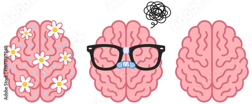 Three stylized pink human brains depicted in a row one adorned with flowers one wearing glasses and a bandage with a tangled thought bubble and one plain 177 characters mind