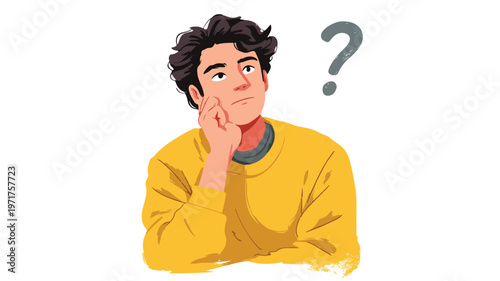 Pensive Young Man Thinking with Question Mark in Flat Vector
