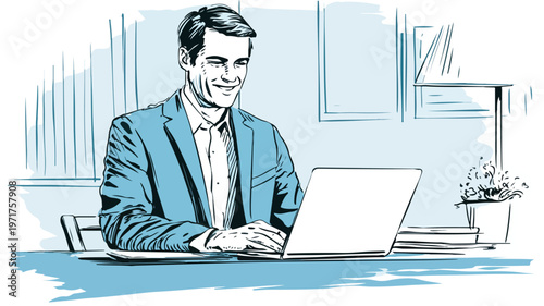 Corporate Businessman Working on Laptop for Professional Job at Office Desk