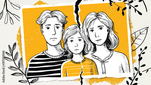 Emotional Torn Family Photo Depicting Divorce Impact on Parents and Child