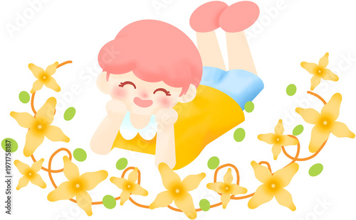 Canvas Print 봄꽃 개나리와 누워서 꽃받침 하고 있는 남자 아이 소년 일러스트