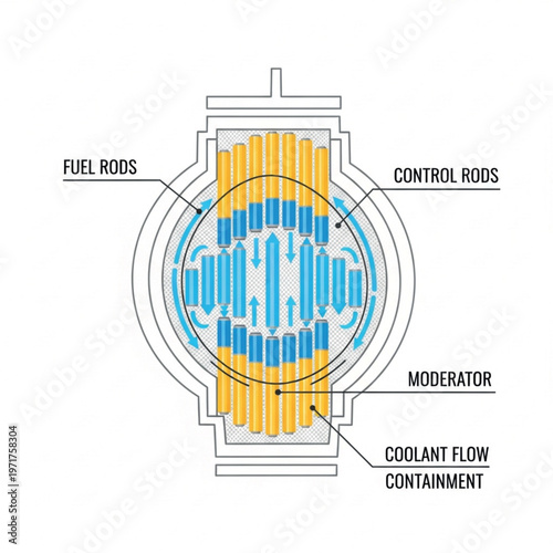 Explanatory diagram illustrating the fundamental internal structure and coolant dynamics within a nuclear reactor core, highlighting the function of fuel and control elements in energy production