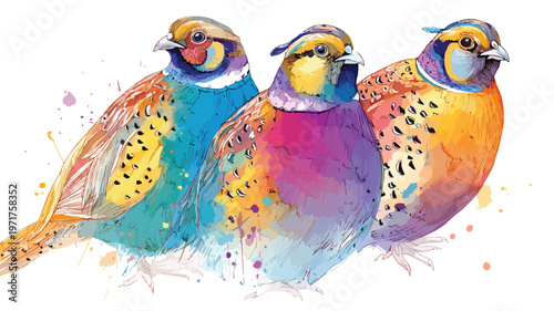 Exquisite Watercolor Illustration Three Quail Hand-Drawn Sketch Artistic Vibrant Colors