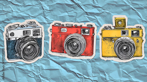 Set of vintage retro camera halftone stickers on blue crumpled paper background. Vector digital collage with paper cutout edge effects. Creative zine culture aesthetic and pop art photographic
