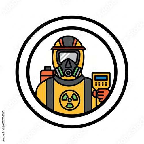 Hazardous material worker in protective suit with Geiger counter, illustrating safety and industrial risk prevention