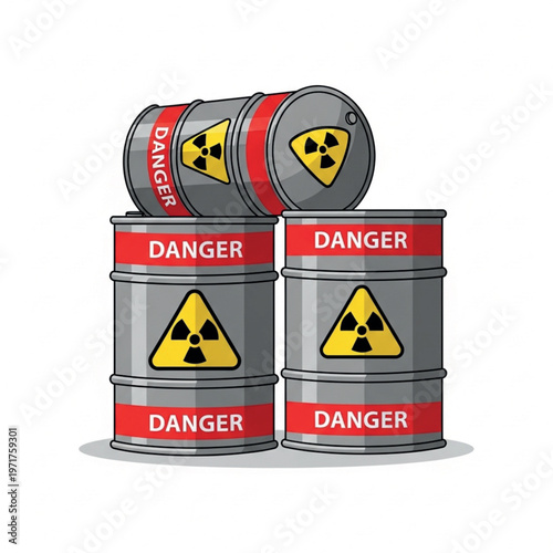 Vector illustration of three stacked radioactive danger barrels with hazard symbols, representing hazardous materials and nuclear waste