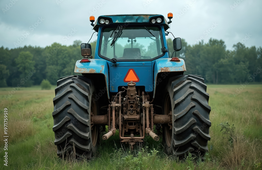 Obraz premium Old blue tractor rests in grassy field. Large rear tires indicate heavy farm work. Rural landscape with trees under cloudy sky awaits machine repair.